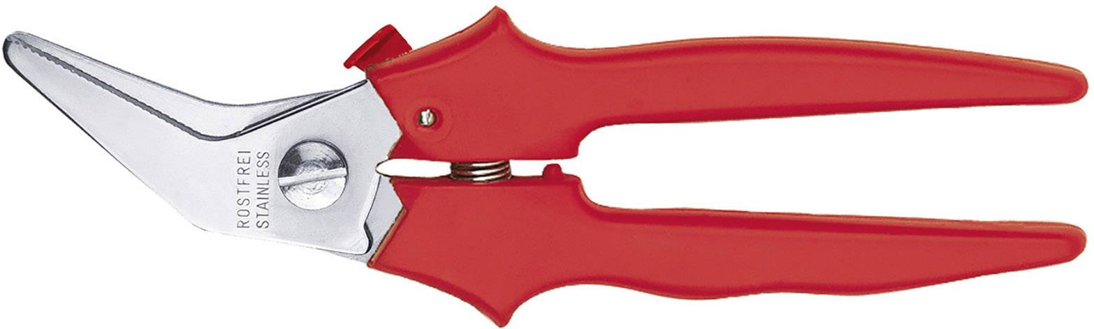 Rote Schere mit gebogener Edelstahlklinge, geeignet zum Schneiden von Pflanzen oder Papier, mit einem Druckknopfverschluss.