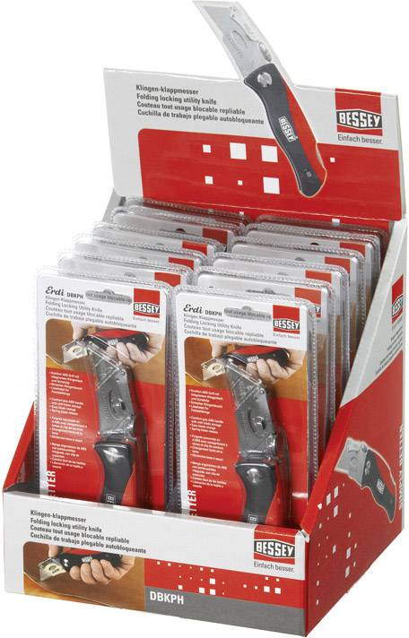 Ein Display mit mehreren verpackten Bessey-Klappmessern. Die Verpackung zeigt ein Messer und eine Hand, die die Klinge auswechselt.
