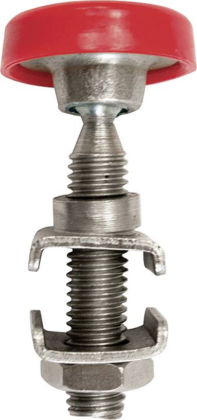 Metallschraube und Mutter mit rotem Kunststoffknopf oben. Schraube und Muttern sind aus silbrigem Metall.