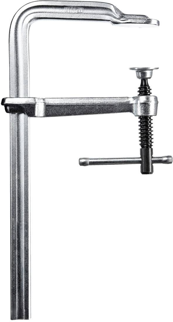 Schraubzwinge aus Metall mit langem, L-förmigem Griff und drehbarer Schraubspindel, verwendet zum Festklemmen von Werkstücken.