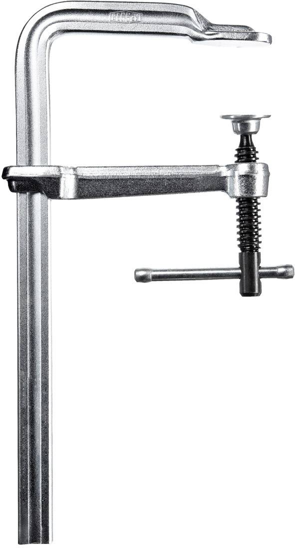 Metall-Schraubzwinge mit langem Griff und Spannmechanismus, verwendet zum Fixieren von Werkstücken bei Bau- oder Holzarbeiten.