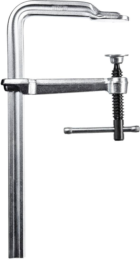 Ein silberfarbener Schraubzwinge in L-Form mit einem beweglichen Spannarm und einer Schraube zur Befestigung von Materialien.