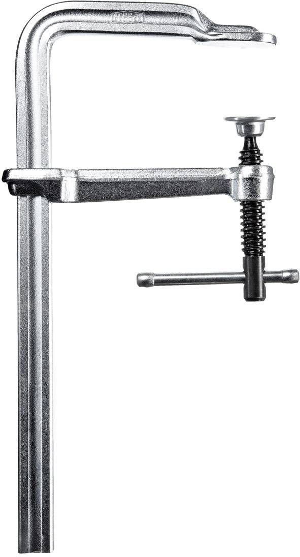 Metallische Schraubzwinge vor weißem Hintergrund, verwendet zum Festklemmen und Halten von Werkstücken.