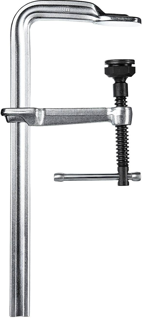 Eine silberne Schraubzwinge mit schwarzer Schraube und Griff, die zum Fixieren von Materialien bei handwerklichen Arbeiten verwendet wird.