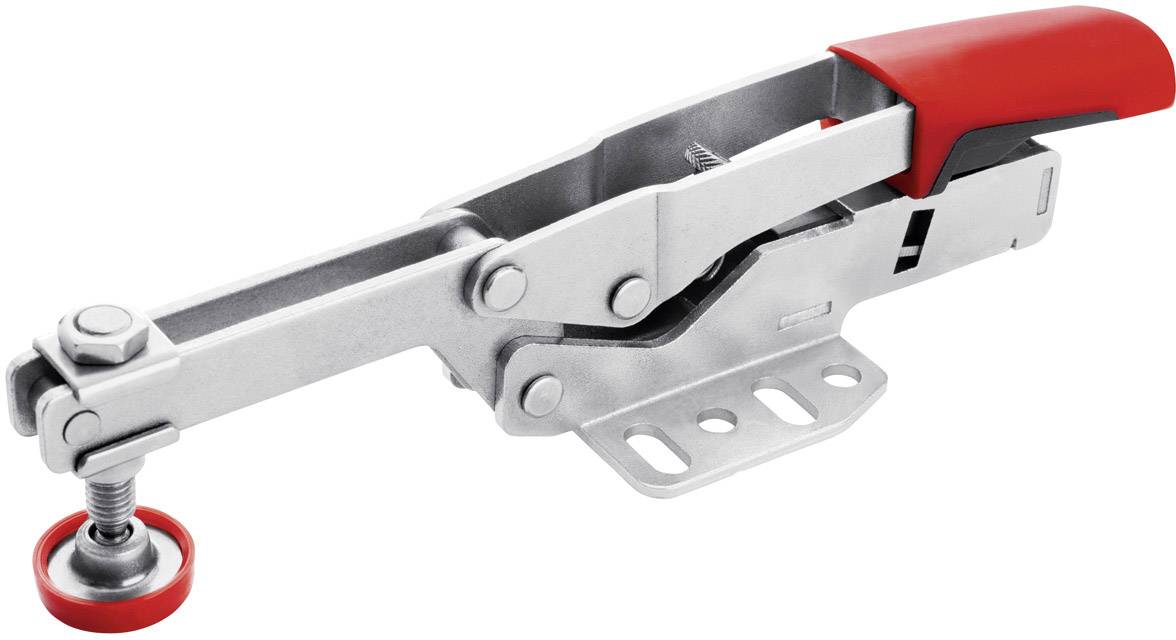 Schnellspannzwinge aus Metall mit rotem Griff, ausgelegt zur Fixierung von Werkstücken in Arbeitsumgebungen.