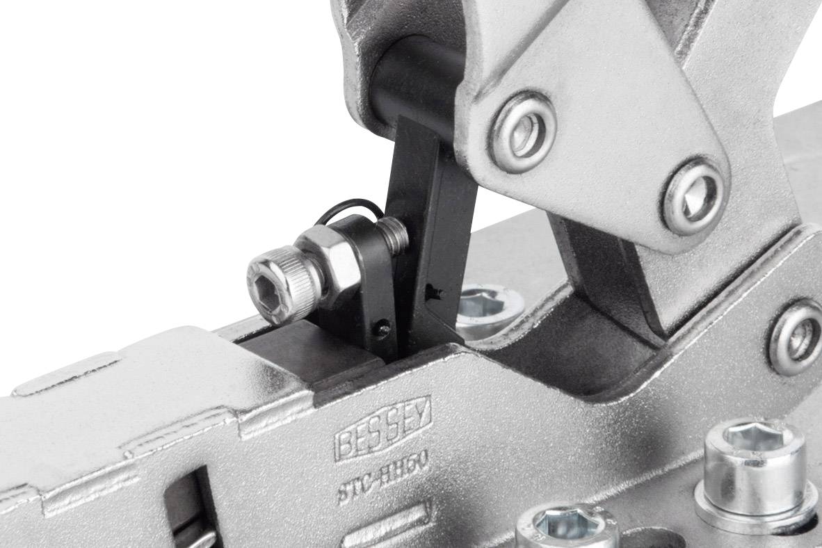 Metallisches Spannwerkzeug in Nahaufnahme, mit Hebel und Schraube; deutlich sichtbare Markenbezeichnung 'BESSEY'.