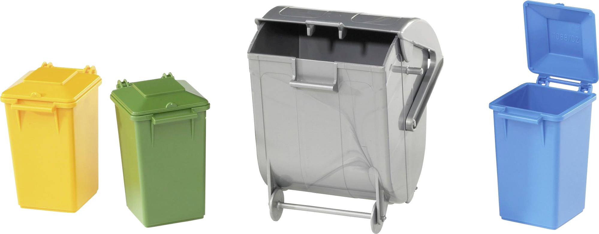 Drei Mülleimer in verschiedenen Farben: Gelb, Grün und Blau, sowie ein großer grauer Container. Sie stehen für Mülltrennung.