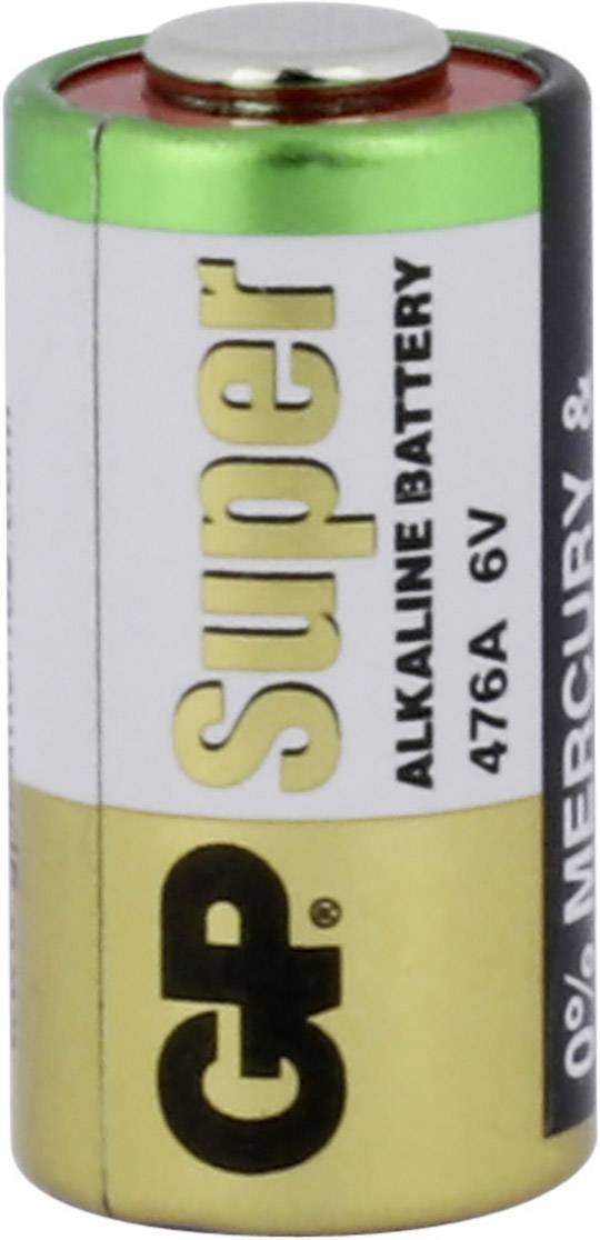 Eine gold-weiße Batterie mit der Aufschrift 'Super Alkaline Battery' und '0% Mercury & Cadmium', Model 476A 6V.