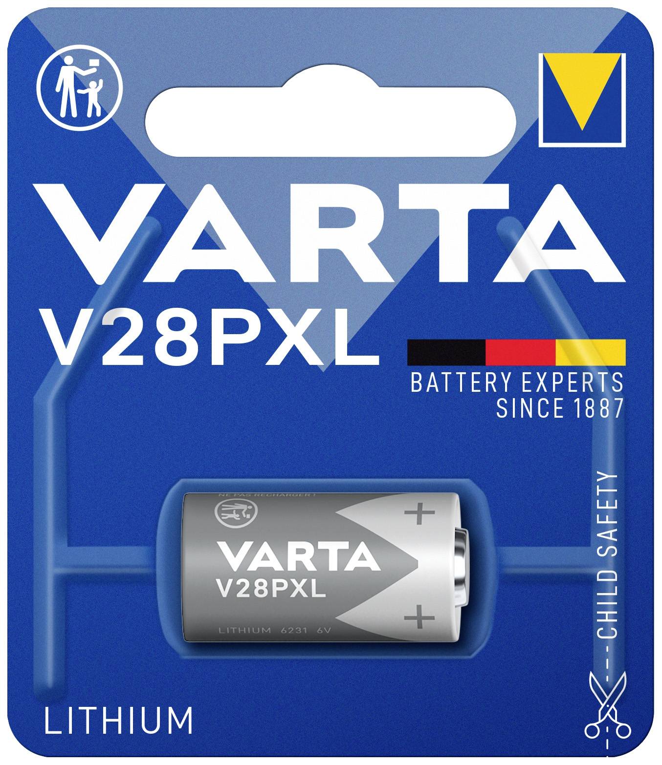Batterieverpackung der Marke Varta, Modell V28PXL, Lithium, betont Kindersicherheit. Rückseite enthält Hinweise: 'Battery Experts Since 1887'.