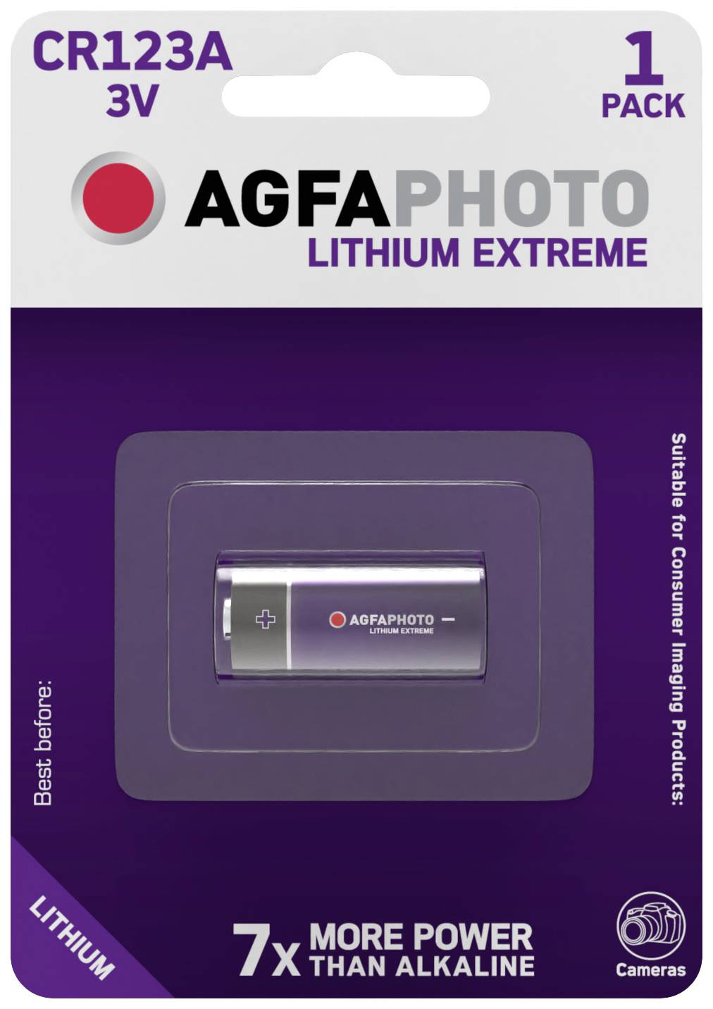 Verpackung einer AGFAPHOTO CR123A 3V Lithium-Batterie, geeignet für Kameras. Aufschrift: 'Mehr Leistung als Alkali', '1 Packung'.