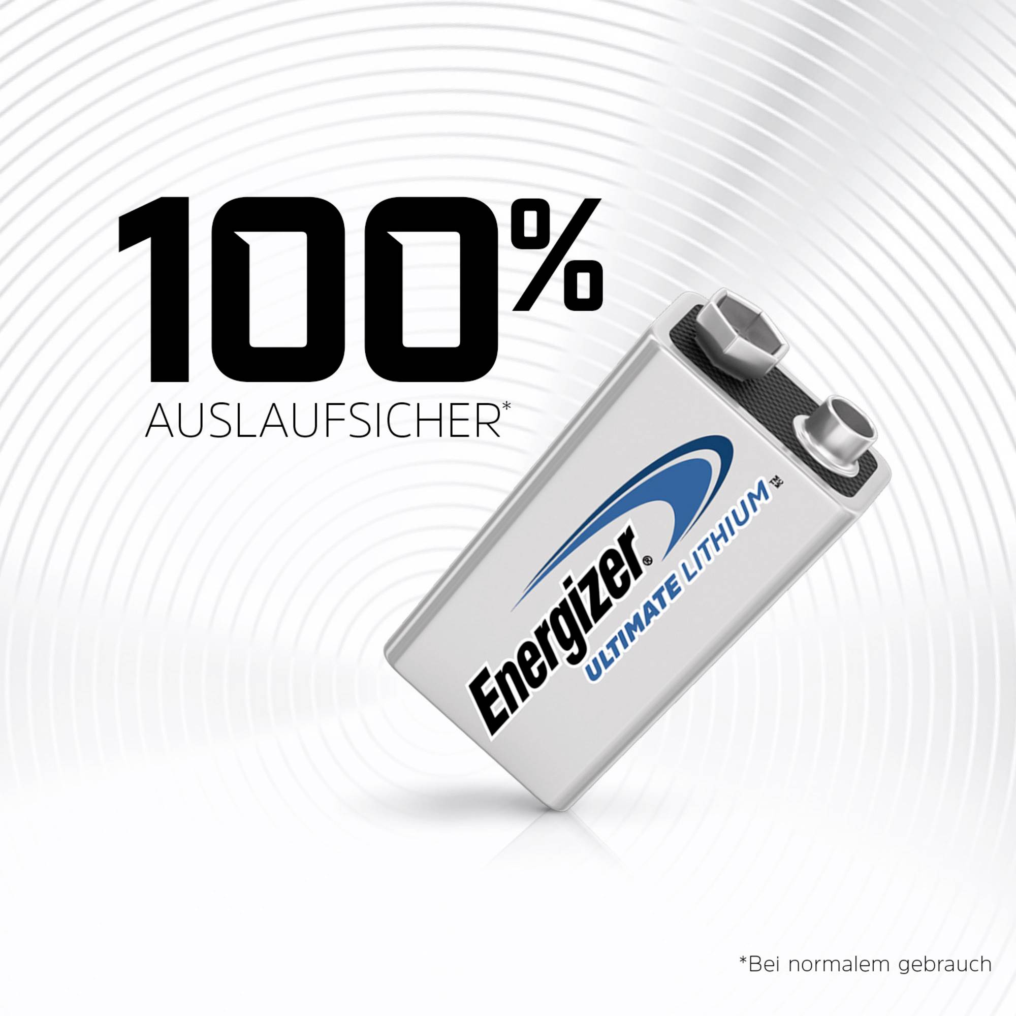 '100% auslaufsicher' steht über einer Energizer Ultimate Lithium 9V-Batterie. Unter dem Bild: '*Bei normalem Gebrauch'. Hintergrund mit Kreismuster.