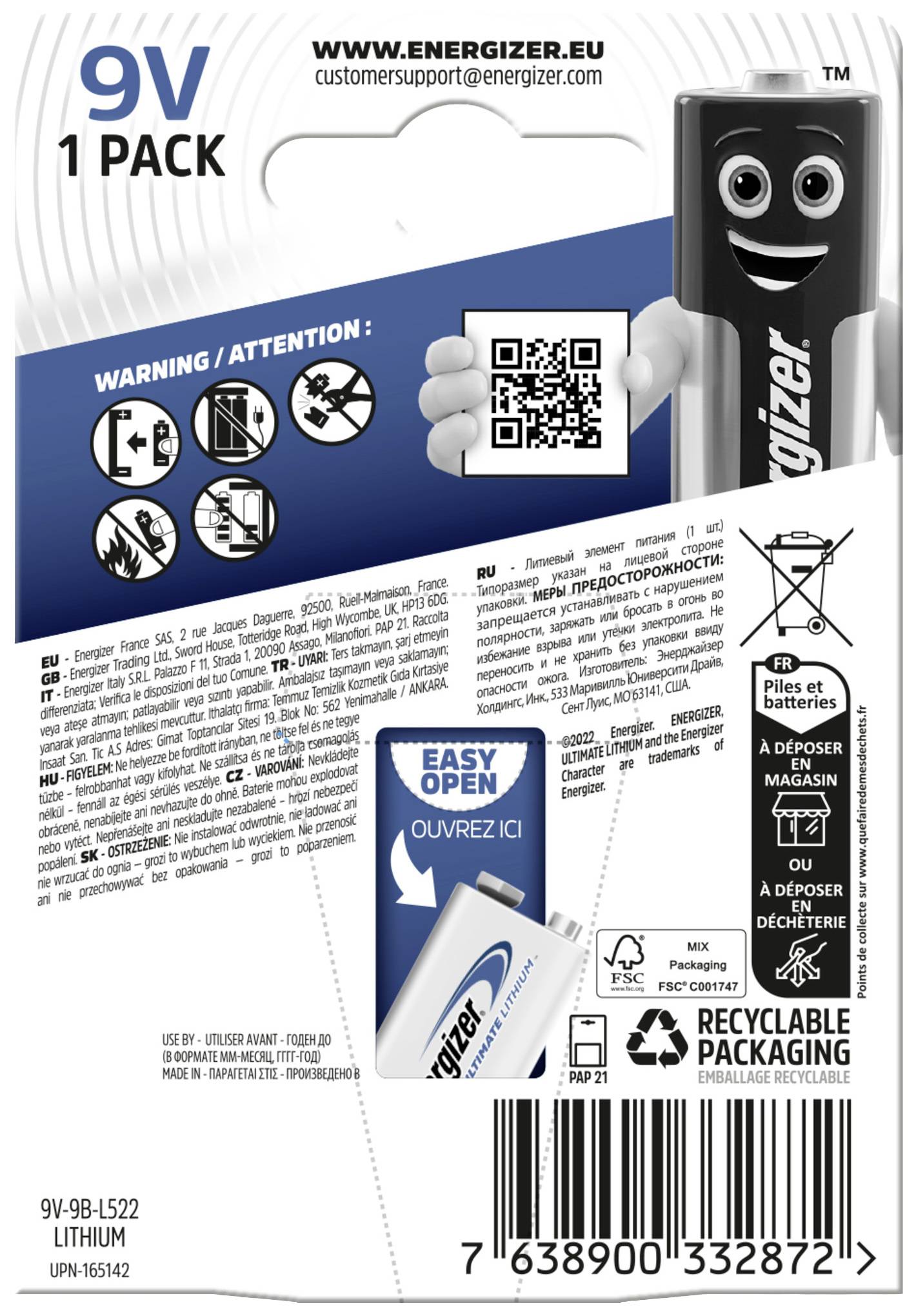 Rückseite der Verpackung einer 9V Lithium-Batterie. Oben ist ein QR-Code zu sehen, darunter steht eine Warnung in mehreren Sprachen.