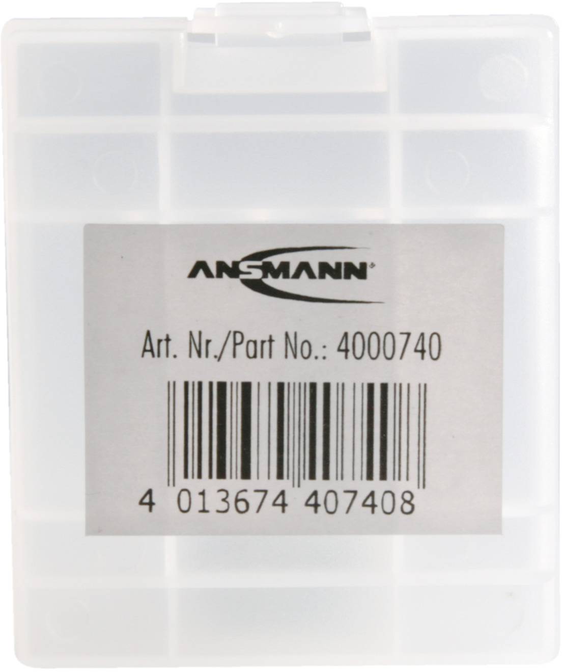 Transparente Kunststoffbox mit der Beschriftung 'ANSMANN, Art. Nr.: 4000740' auf einem Etikett, darunter ein Barcode.