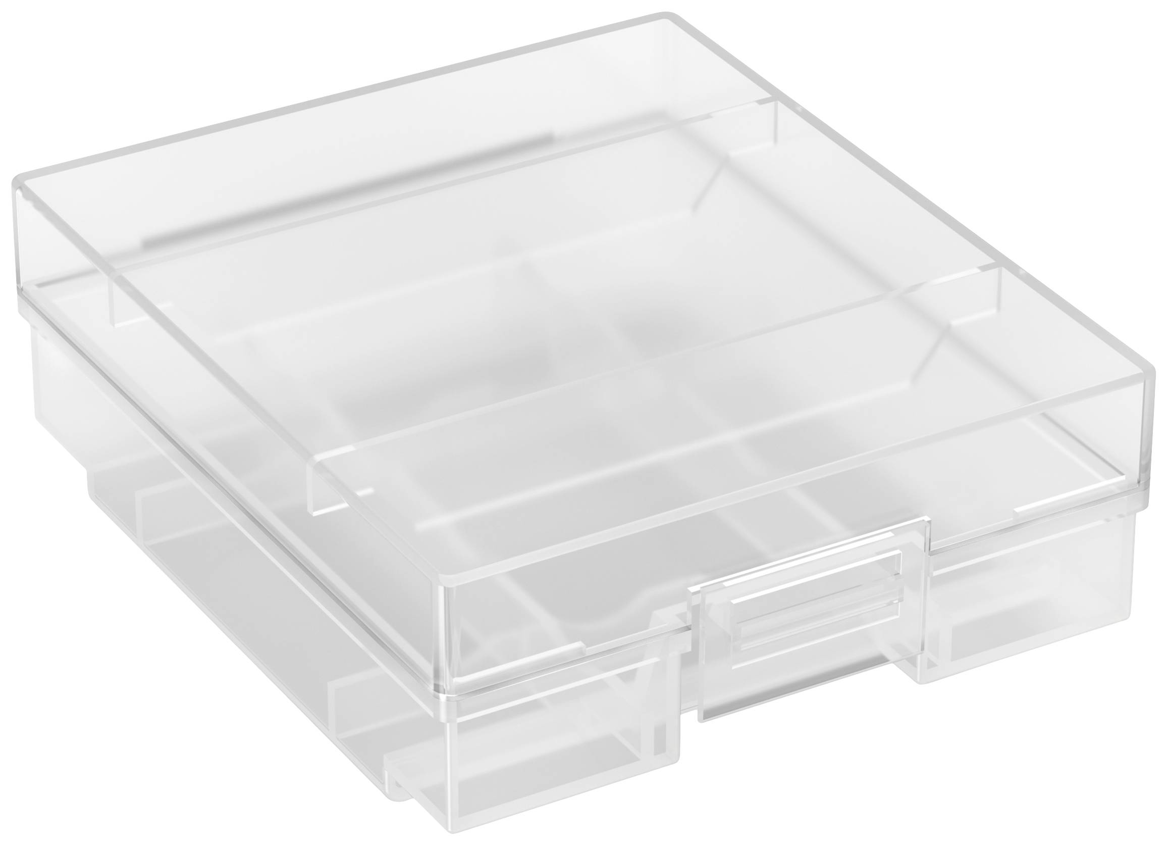 Transparente, rechteckige Kunststoffbox mit Fächern zur Aufbewahrung kleiner Gegenstände oder Bastelmaterialien.
