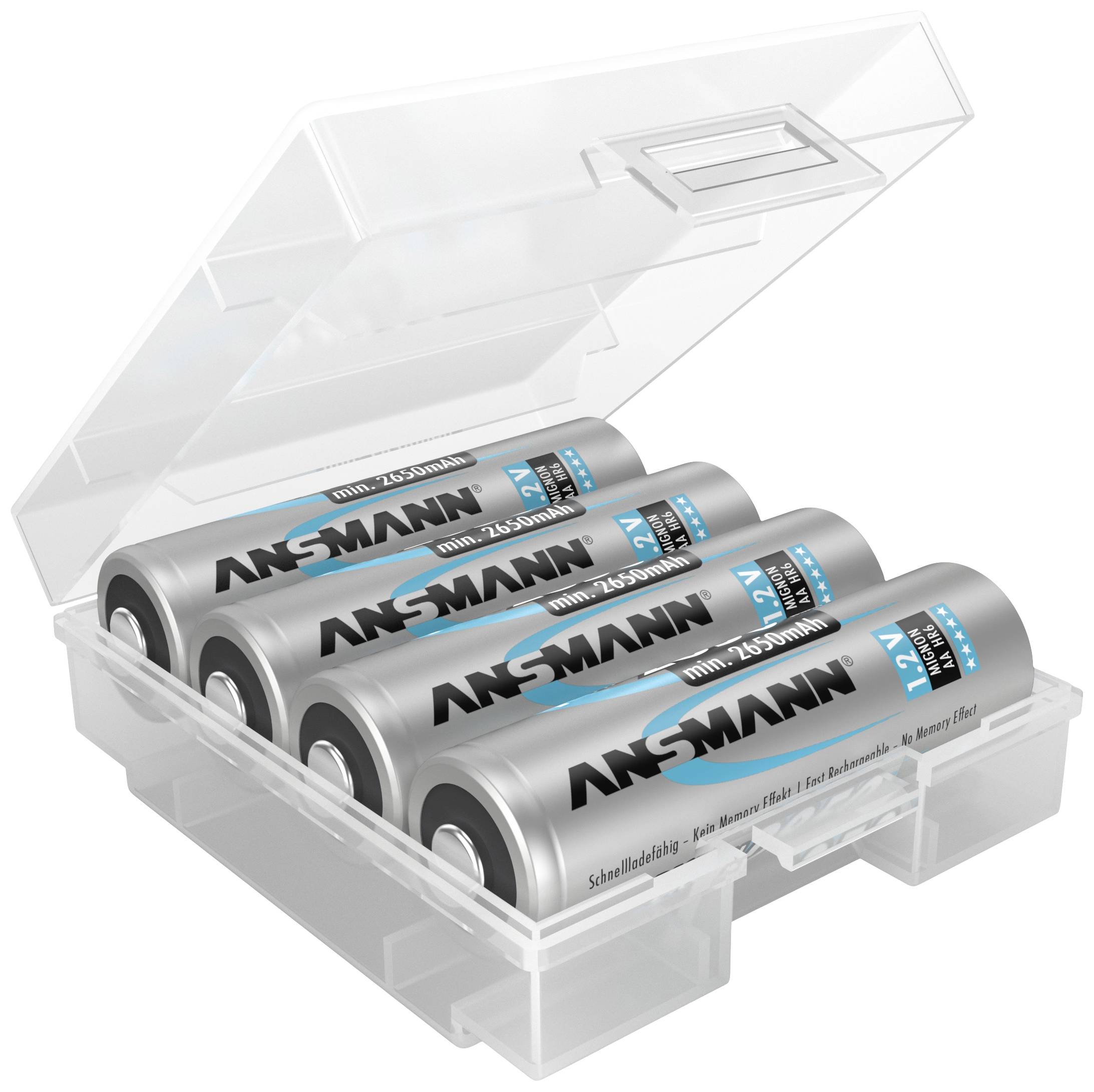 Vier Akkus in einer transparenten Kunststoffbox, beschriftet mit 'ANSMANN'. Batterien sind in einer Reihe angeordnet.