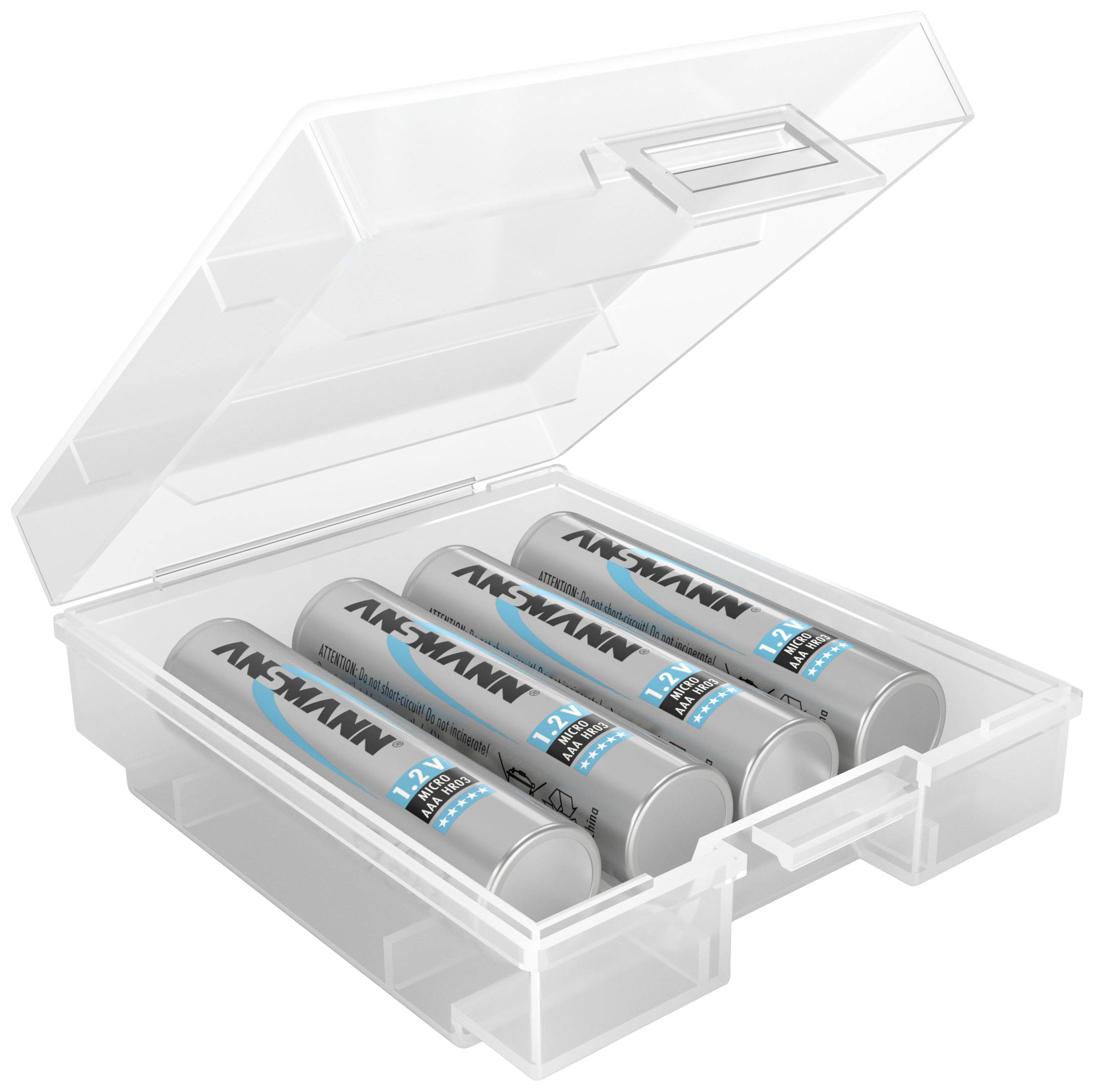 Sechs silberne AA-Batterien mit blauer Schrift liegen in einer durchsichtigen Plastikbox.