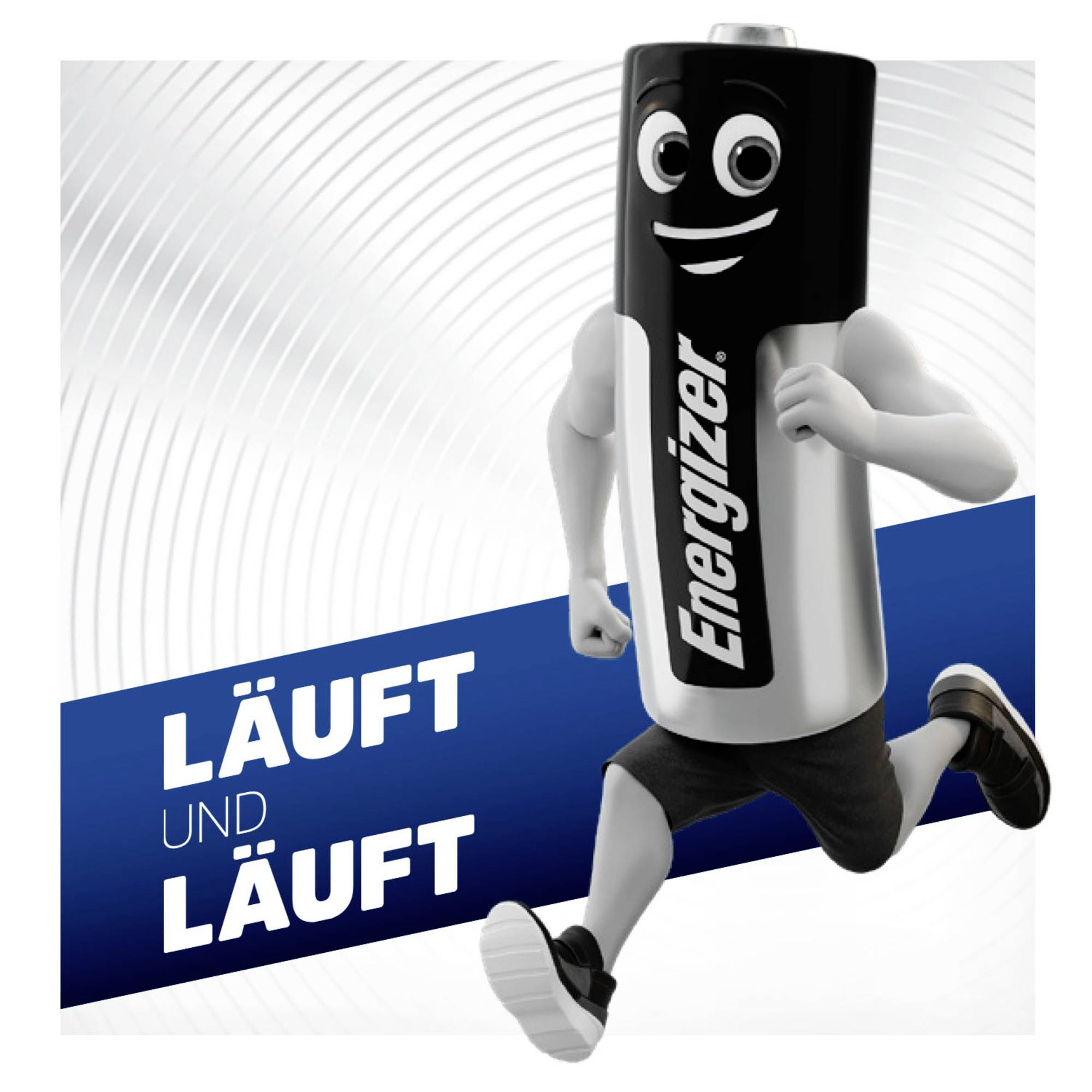Eine gezeichnete Batterie mit Gesicht und Gliedmaßen läuft lächelnd. Auf dem Bild steht: 'Läuft und läuft', dargestellt auf blauem Hintergrund.