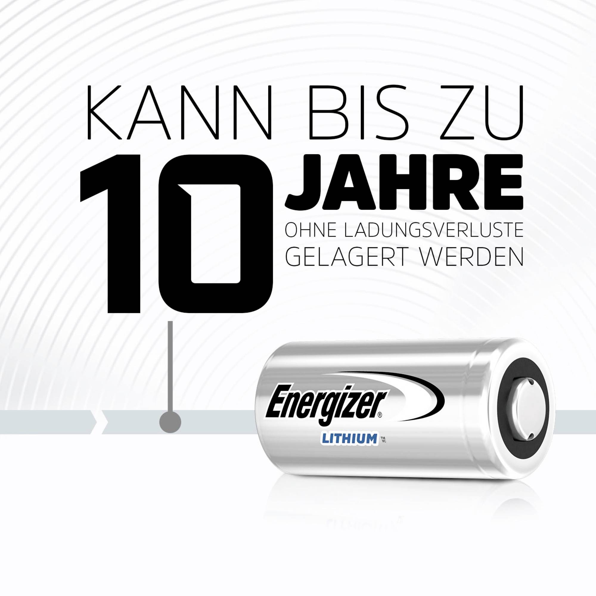 'Lithium' Batterie von Energizer hält bis zu 10 Jahre ohne Ladungsverlust.