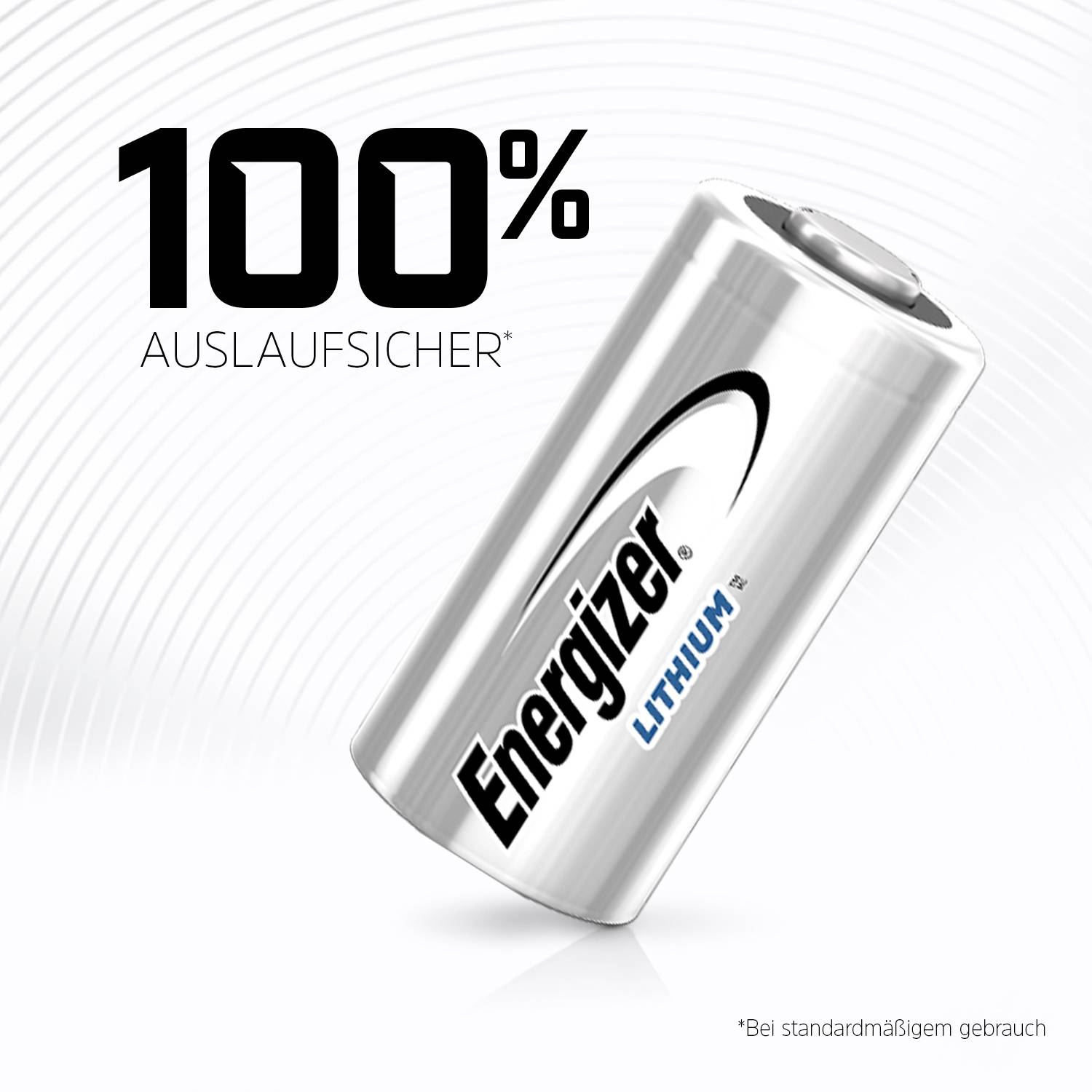 Eine silberne Lithium-Batterie mit der Aufschrift 'Energizer'. Text daneben: '100% auslaufsicher*'.