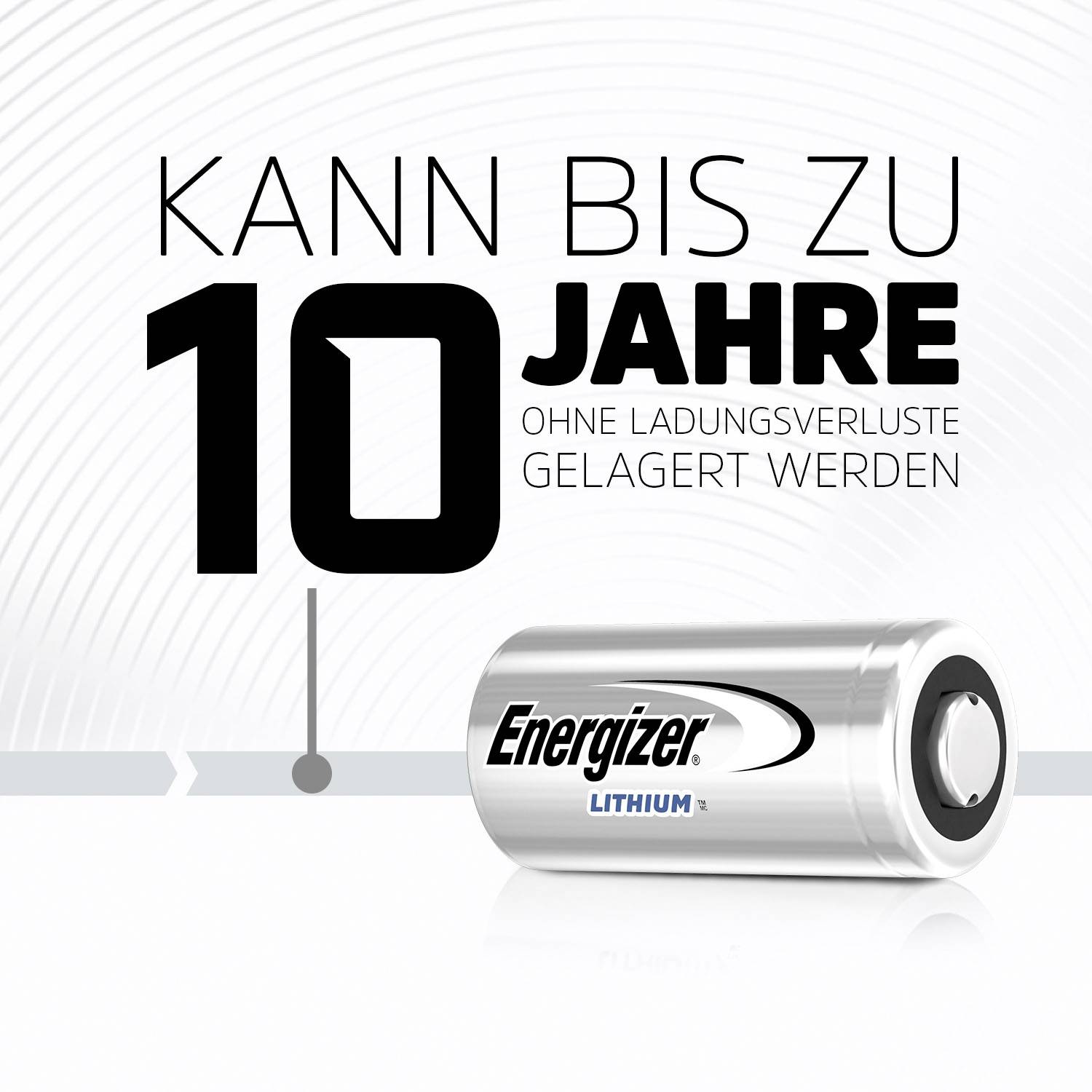 Werbung für eine Energizer Lithium-Batterie. Text: Kann bis zu 10 Jahre ohne Ladungsverluste gelagert werden.