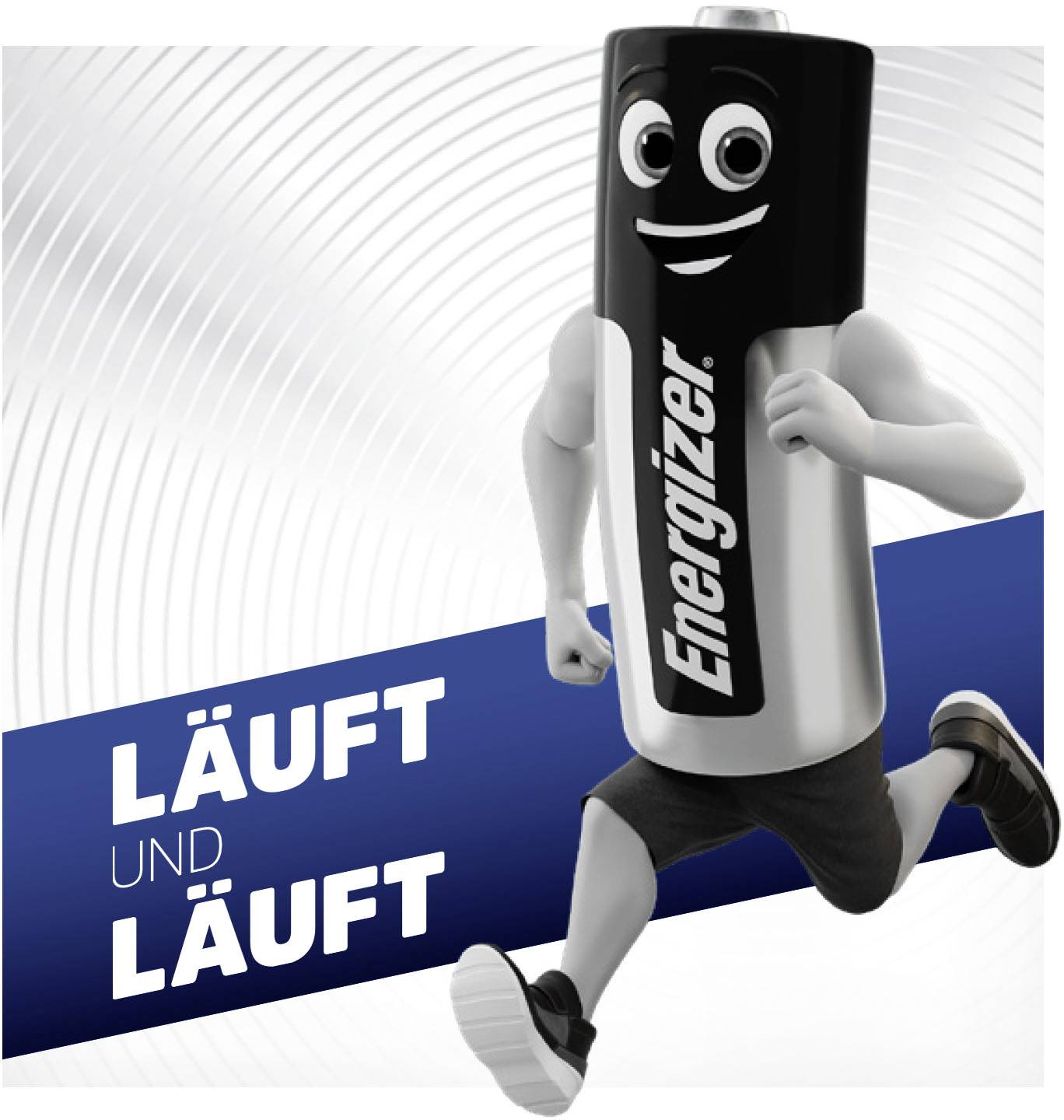Ein laufender Cartoon-Batterie-Charakter mit fröhlichem Gesicht auf blauem Hintergrund. Text: 'Läuft und läuft'.