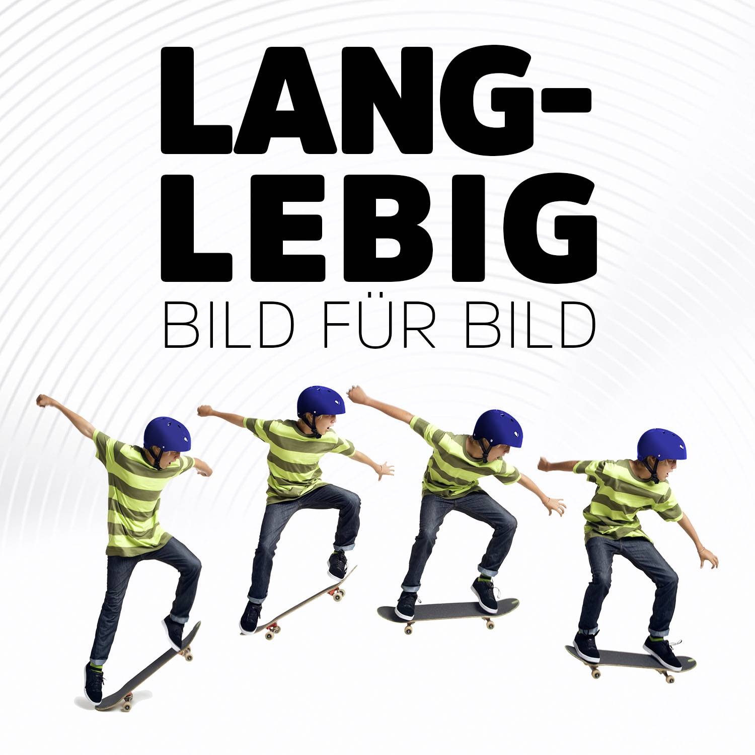 'Lang-lebig Bild für Bild' zeigt einen Jungen auf einem Skateboard in vier aufeinanderfolgenden Posen.