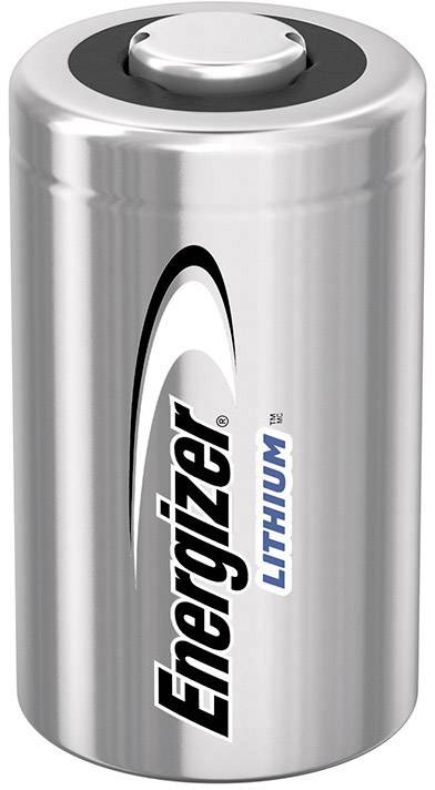 Eine silberne Lithium-Batterie der Marke Energizer, vertikal ausgerichtet, mit schwarzem und blauem Text.