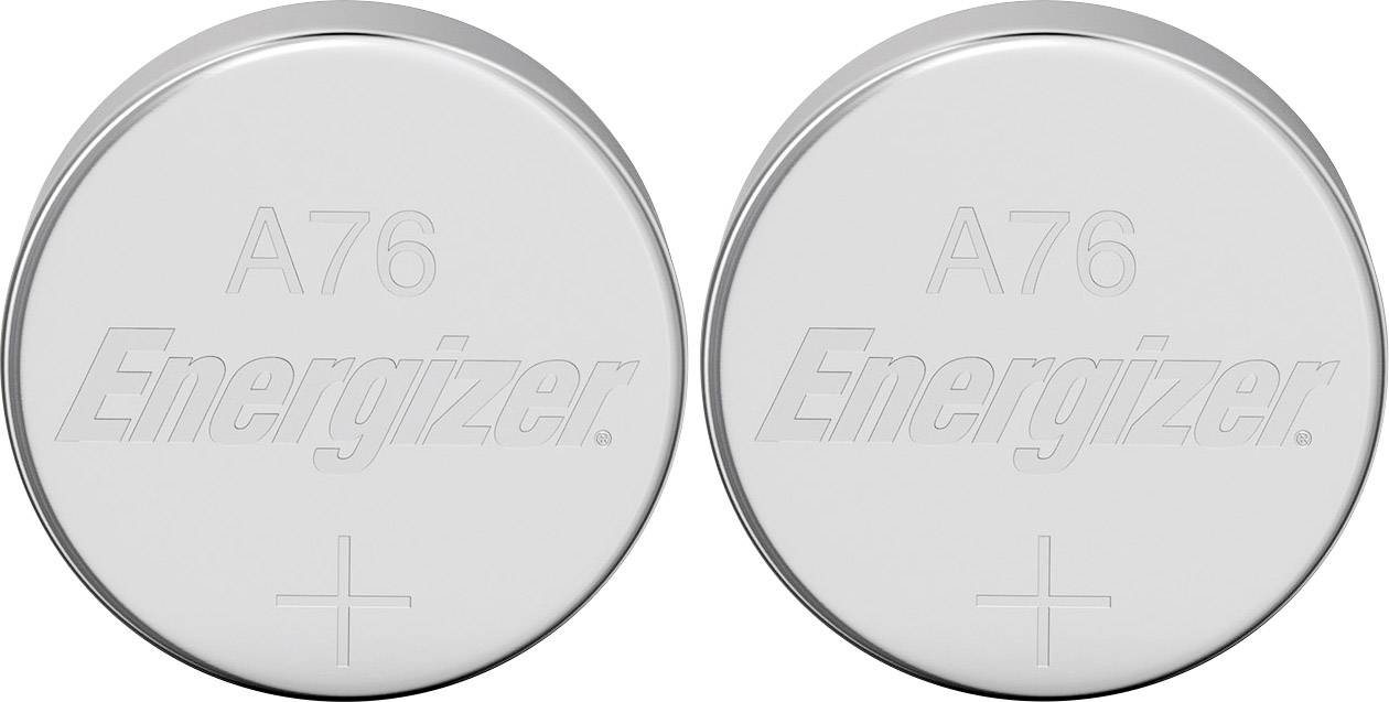 Zwei silberne Knopfzellenbatterien der Marke Energizer, Modell A76, nebeneinander.