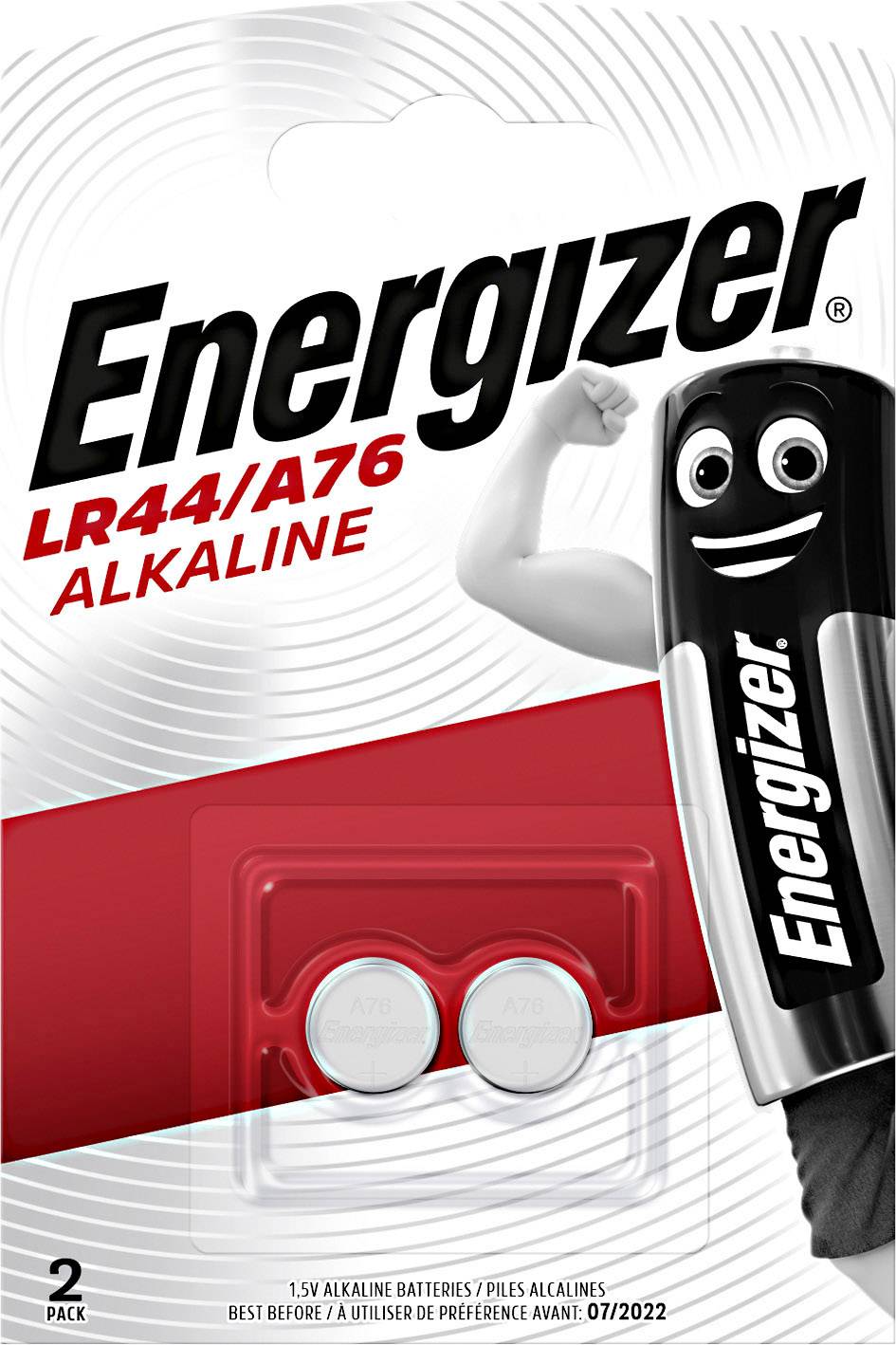 Energizer LR44/A76 Alkaline-Batterien in Zweiervorratspackung, Abbildung zeigt die Batterien und das Energizer-Maskottchen.