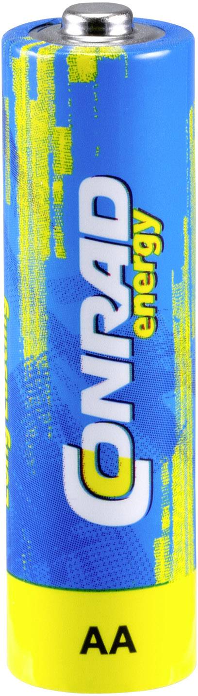 'Blaue AA-Batterie mit gelben Akzenten und dem Text 