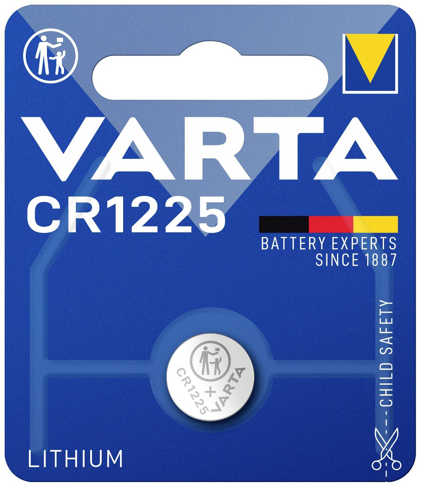 Eine VARTA CR1225 Lithiumbatterie in einer blauen Verpackung mit Kindersicherheitshinweis. Text: 'BATTERY EXPERTS SINCE 1887'.