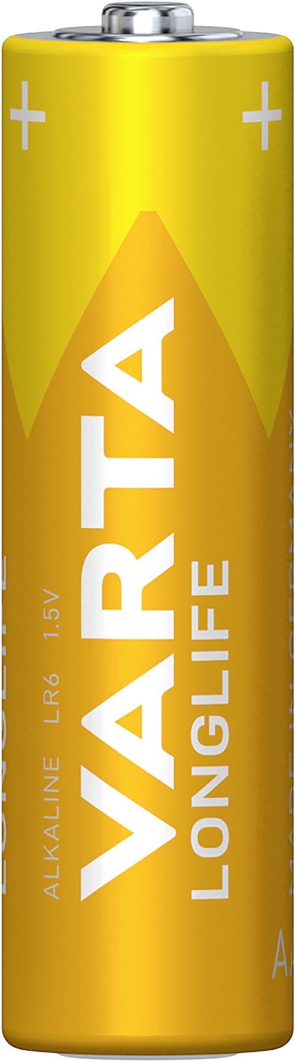 Eine gelbe AA-Alkalibatterie mit der Aufschrift 'Varta Longlife'.