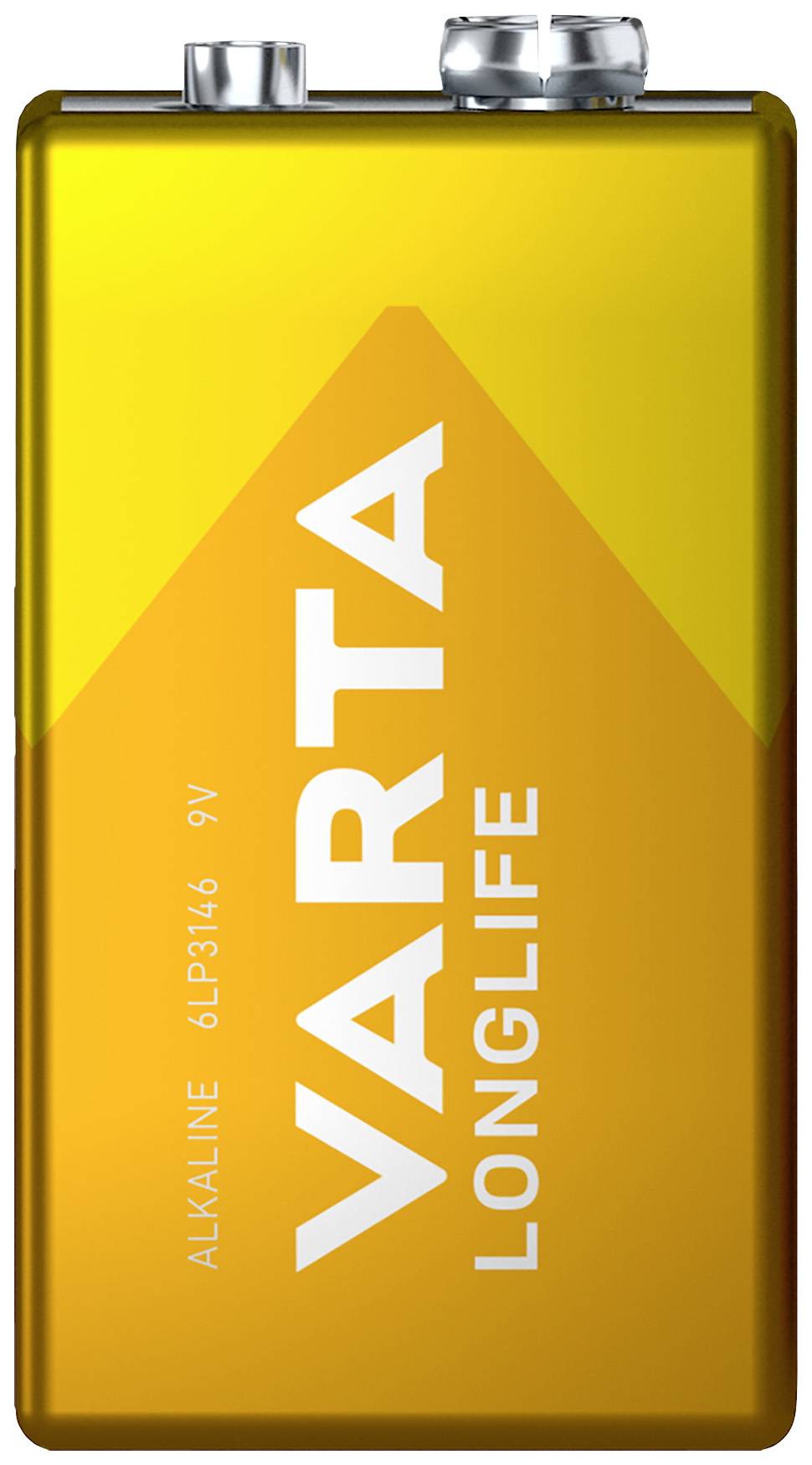 Eine gelbe 9-Volt-Batterie der Marke Varta mit der Aufschrift 'LONGLIFE' und 'ALKALINE 6LP3146'.