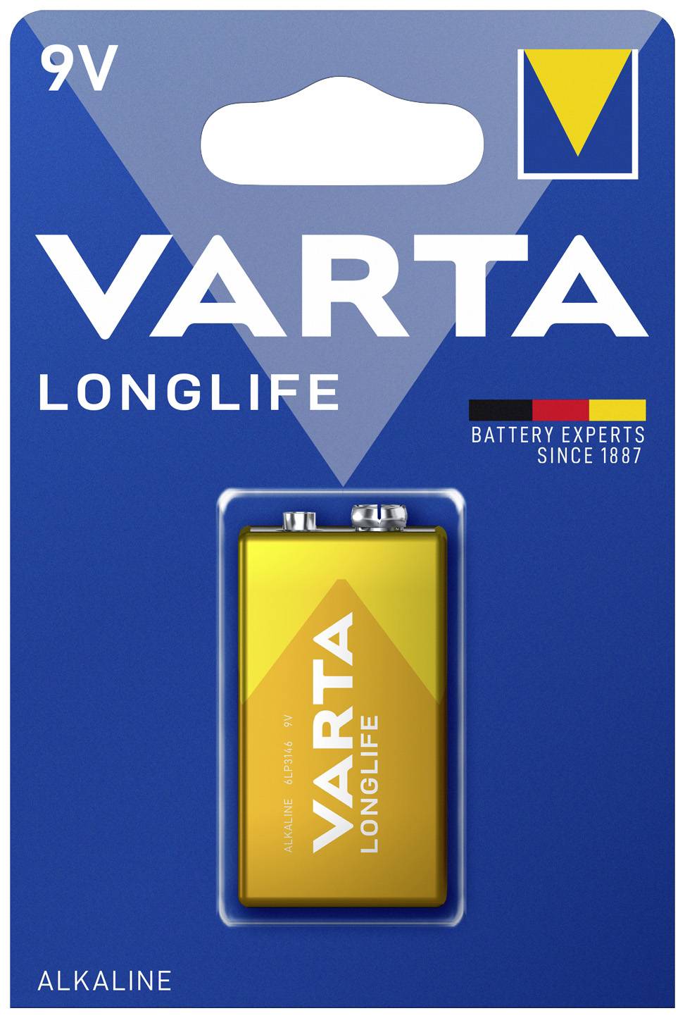 VARTA Longlife 9V Alkaline-Batterie in Verpackung, gelb-blaues Design, geeignet für Geräte mit niedrigem Energieverbrauch.
