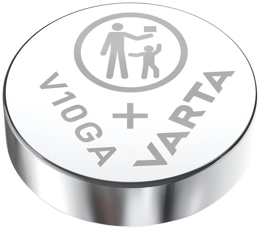 Eine runde Knopfzellenbatterie mit der Aufschrift 'V10GA + VARTA' und einem Symbol, das einen Erwachsenen und ein Kind darstellt.