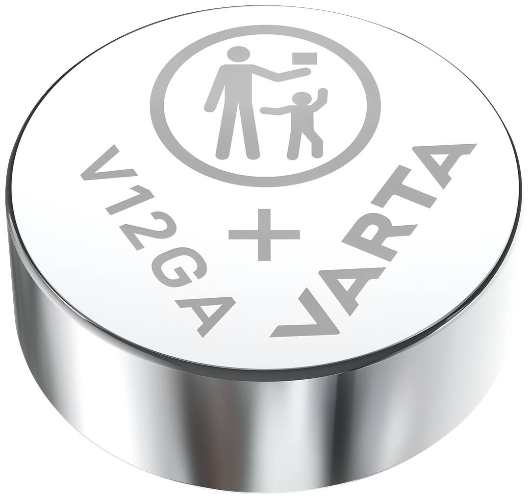 Eine silberne Knopfzelle mit der Gravur 'V12GA + VARTA' und einem Symbol, das ein Erwachsener mit einem Kind darstellt.