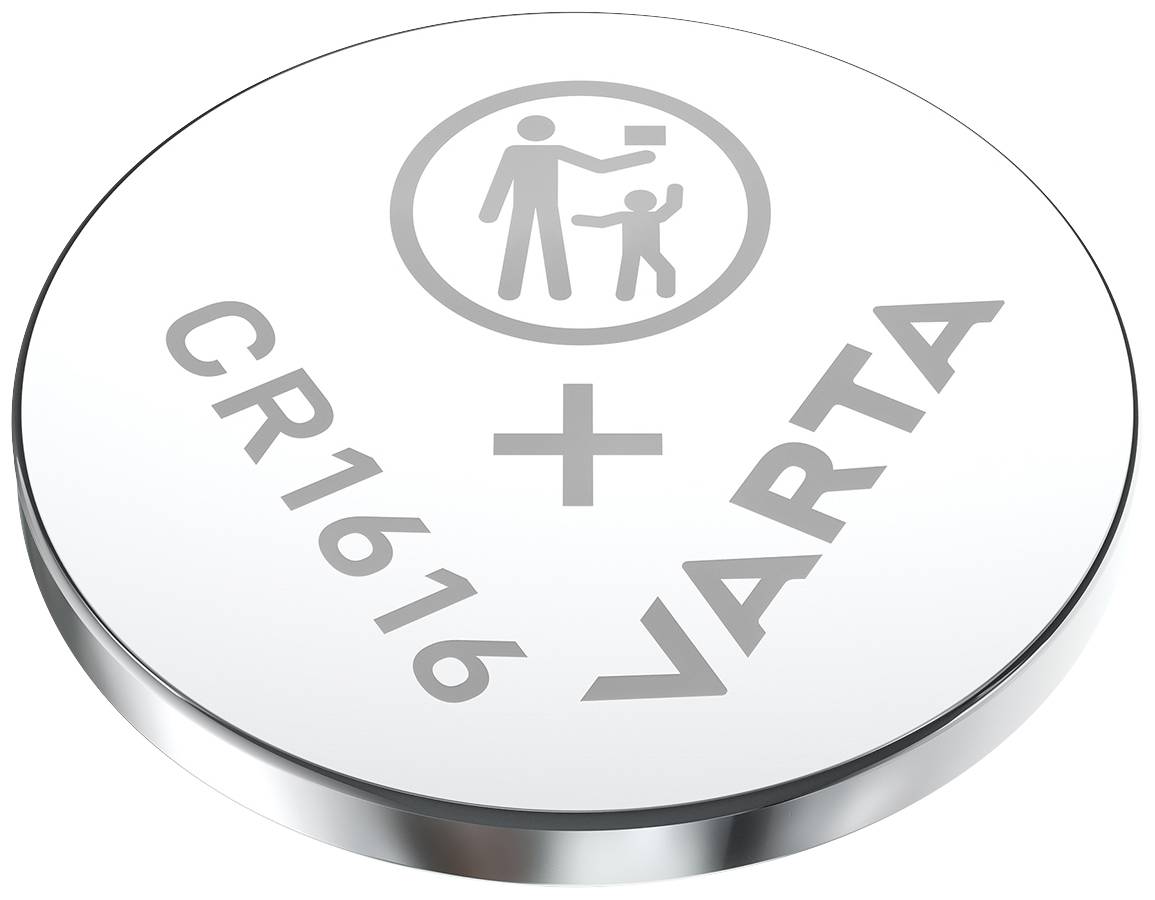 'VARTA CR1616'-Batterie, silbern, rund, mit Pluszeichen. Symbol für Kindersicherheit oben.