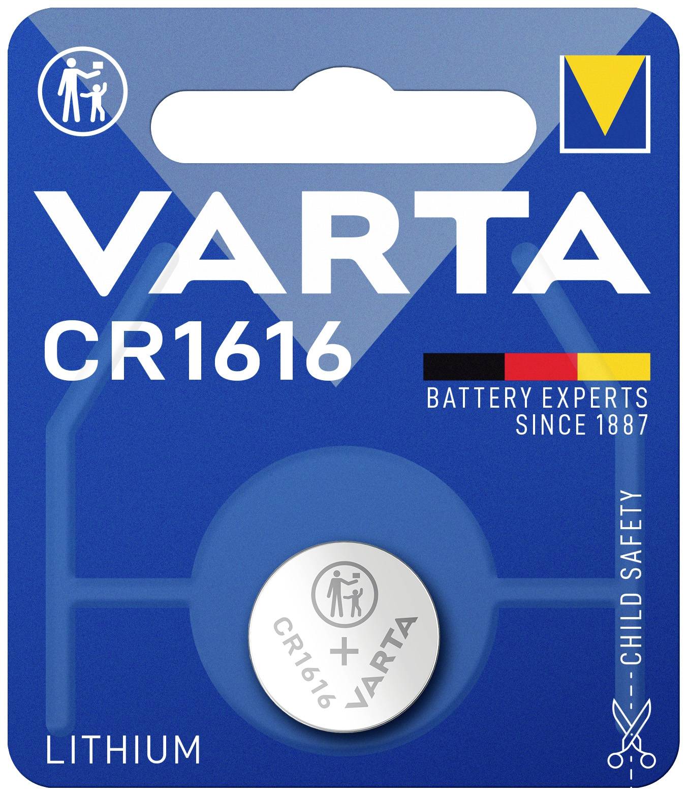 'VARTA CR1616' Lithium-Knopfzelle in blauem Verpackungsdesign mit Hinweis auf Kindersicherheit. Akku-Experten seit 1887.