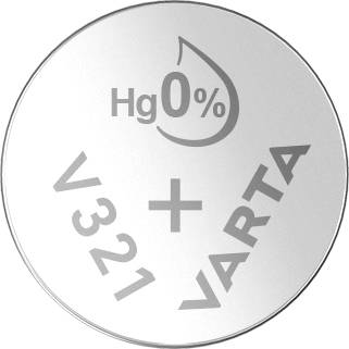 Batterieknopfzelle mit Aufschrift 'Hg 0%', 'V321', und 'VARTA'. Indikator für quecksilberfreie Batterie.