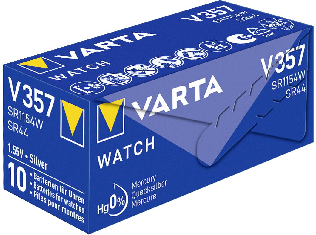 Eine blaue Schachtel mit der Aufschrift 'Varta Watch V357', enthält 10 Silber-1,55V-Batterien für Uhren. Quecksilberfrei (Hg 0%).