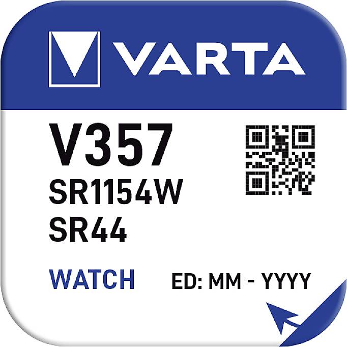 VARTA Batterieverpackung: Typ V357 SR1154W SR44, für Uhren. Enthält QR-Code. Ablaufdatum: ED: MM - YYYY.