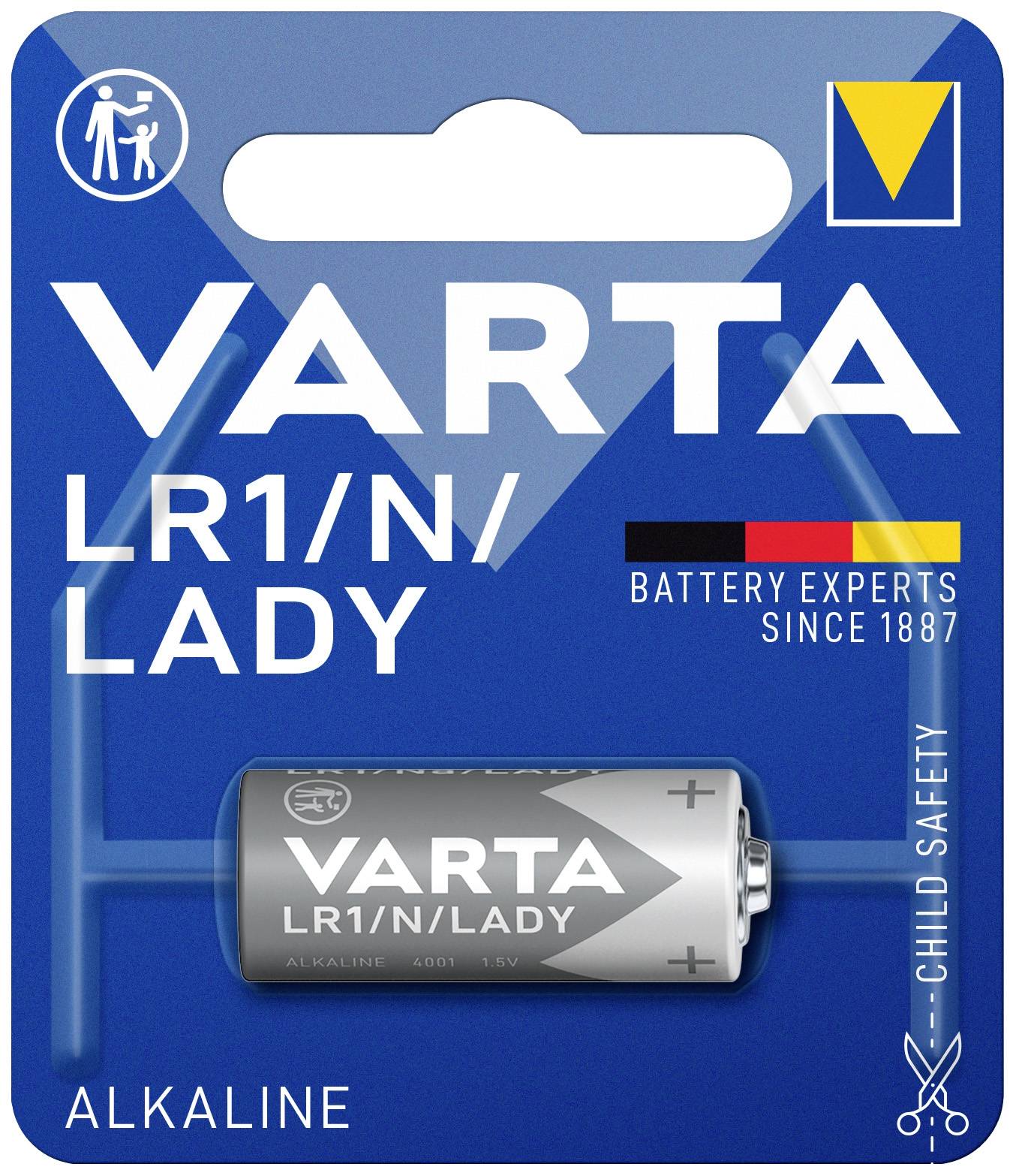 Alkaline-Batterie von VARTA, Modell LR1/N/Lady. Verpackung betont Kindersicherheit und Expertise seit 1887.