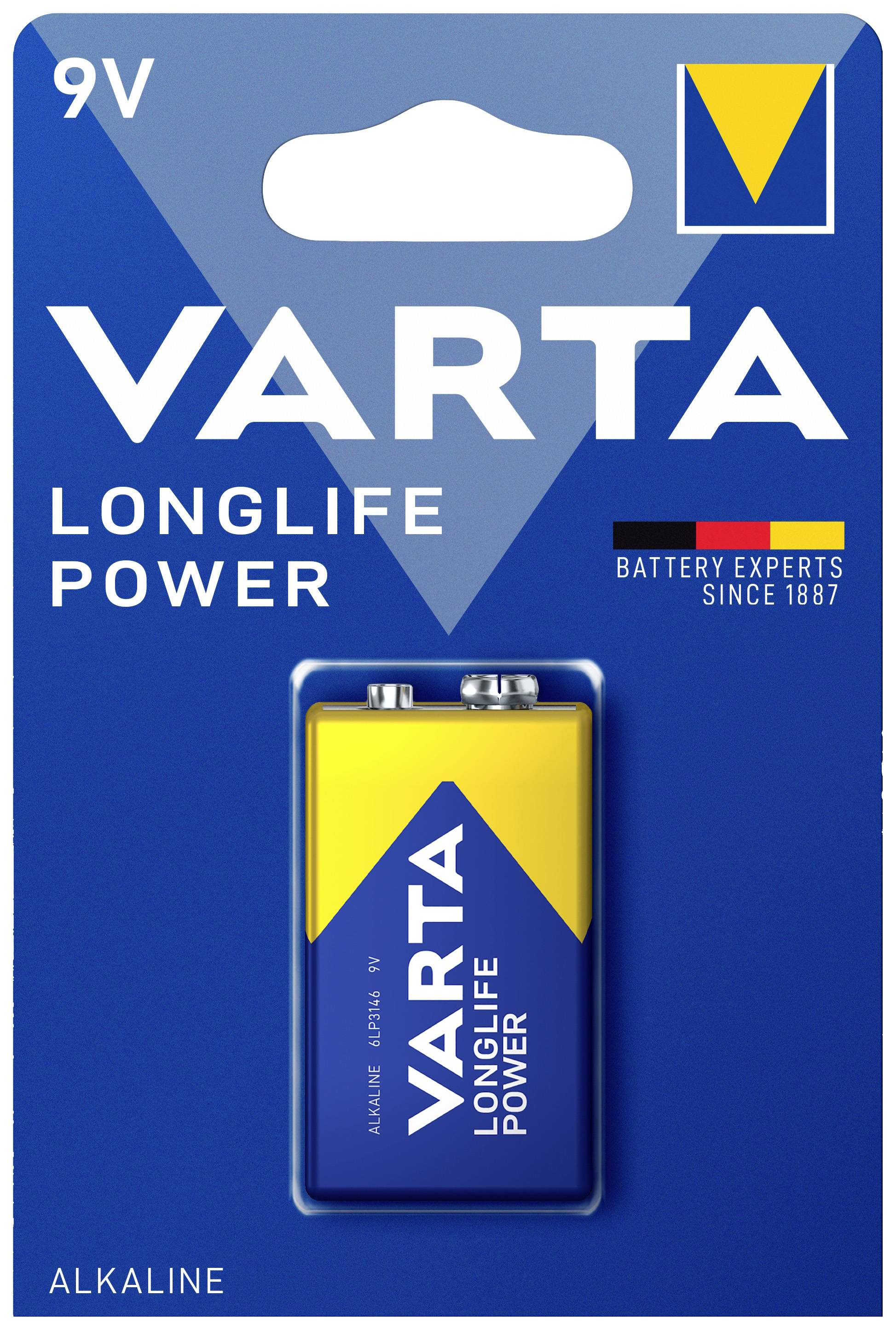 Verpackte 9V Varta Batterie der Serie 'Longlife Power', geeignet für Geräte mit hohem Energieverbrauch.