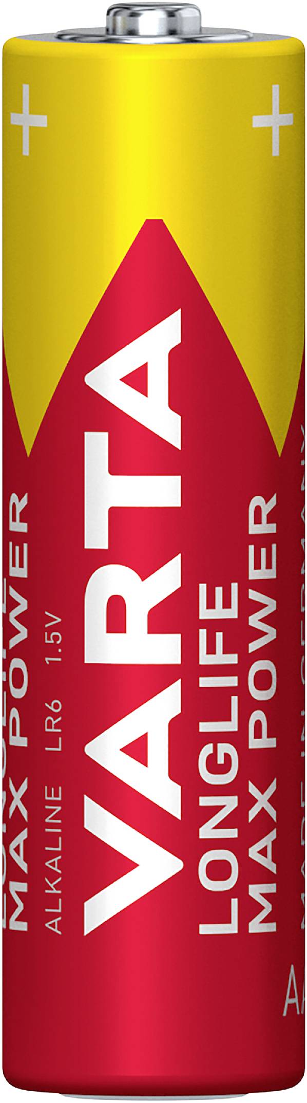 Gelbe und rote VARTA AA-Batterie mit Aufschrift 'MAX POWER' und 'LONGLIFE'. Alkaline, 1,5V.