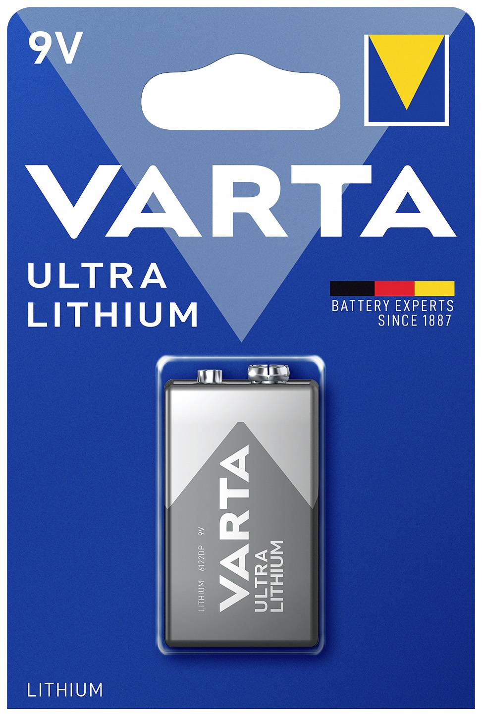 Verpackung einer 9-Volt VARTA Ultra Lithium Batterie. Enthält das Firmenlogo und den Slogan 'Battery Experts Since 1887'.