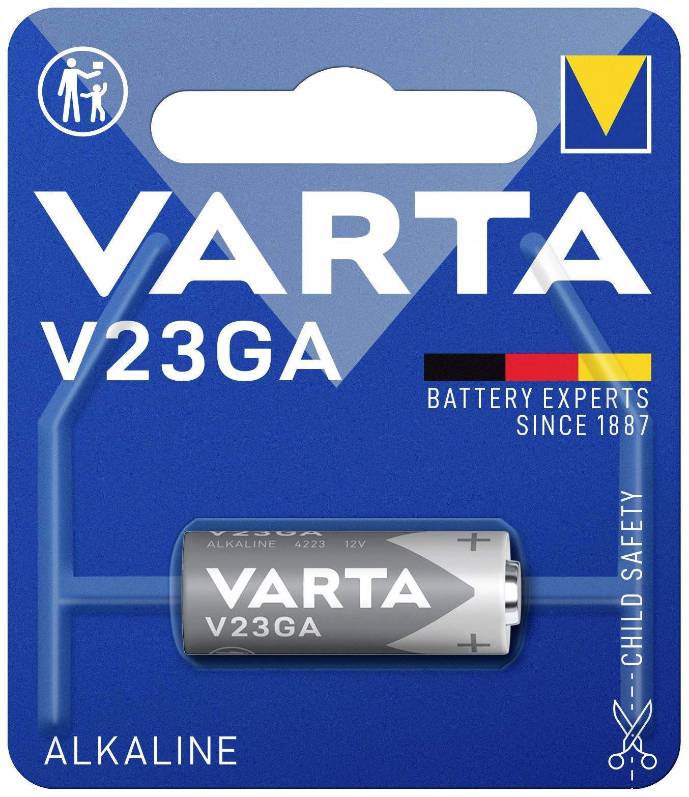'VARTA V23GA' Alkalinebatterie in Verpackung mit Text 'Battery Experts Since 1887'. Kinder sicher. Deutsche Flagge im Design enthalten.