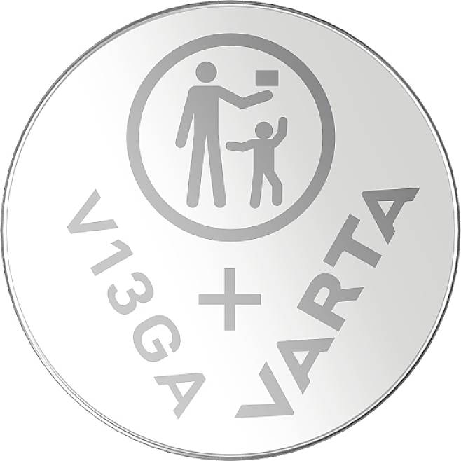 'VARTA V13GA'-Batterie mit Pluszeichen, Symbol eines Erwachsenen mit Kind, warnt vor Verschlucken.
