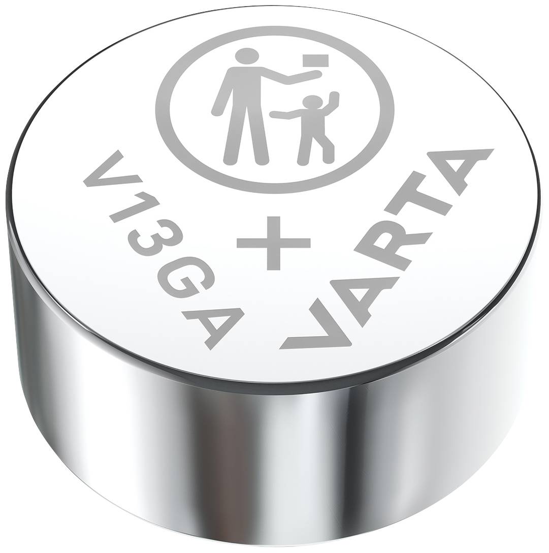 Silberne V13GA-Batterie von Varta; zeigt Piktogramm eines Erwachsenen, der einem Kind eine Batterie reicht; Sicherheitshinweis.
