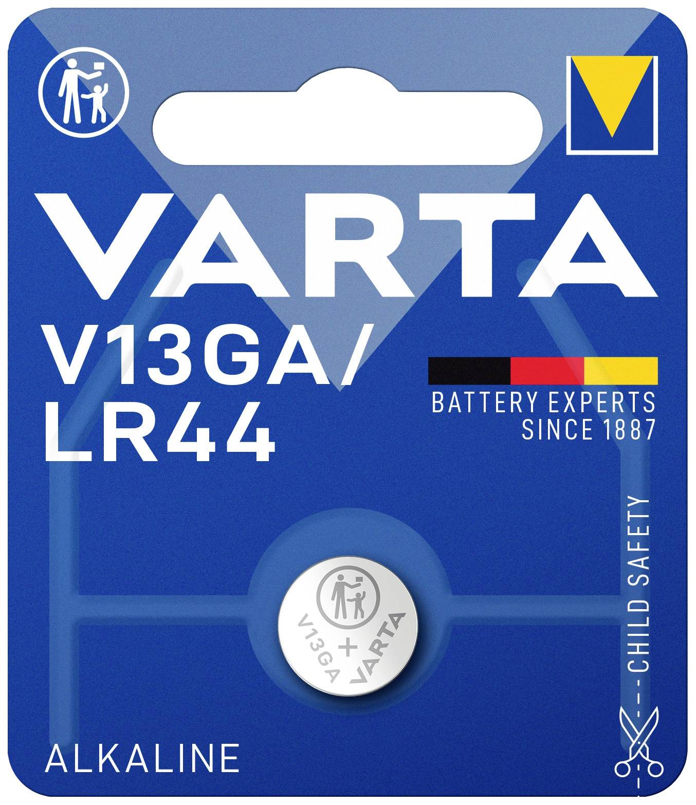 Alkaline Knopfzelle Varta V13GA/LR44 in Blisterverpackung. Markiert als kindersicher. Text: 'Battery Experts Since 1887'.