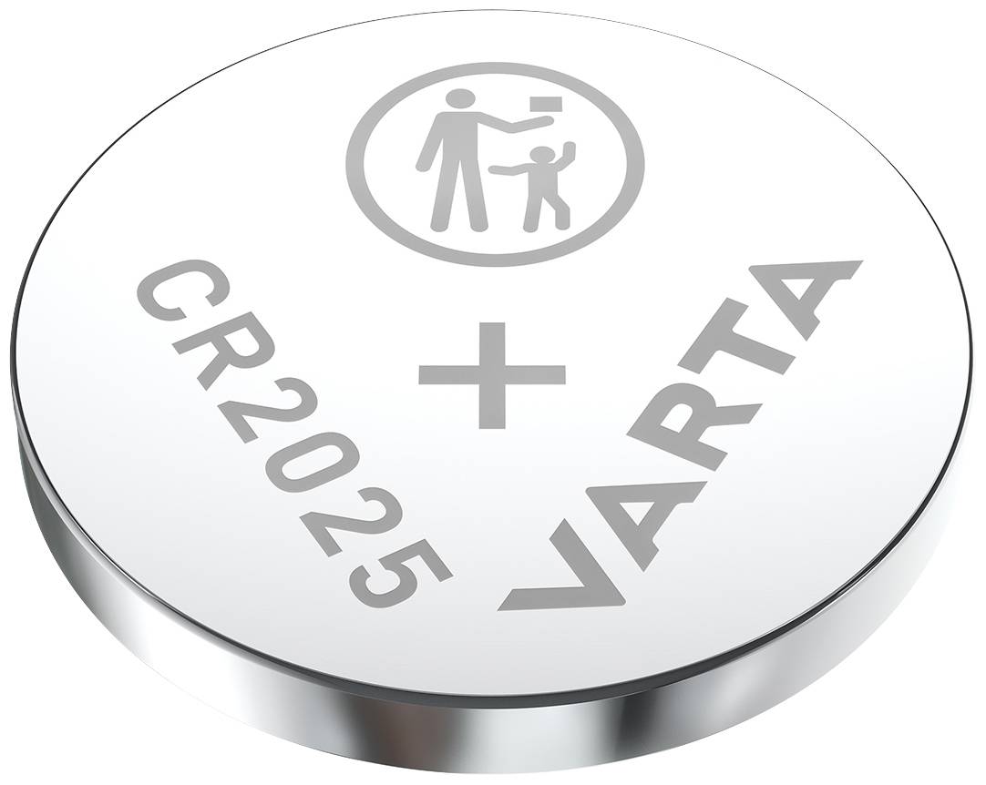 Lithium-Knopfzelle mit Aufdruck: 'CR2025', '+' Symbol, 'VARTA'. Symbol für Recycling und Umweltschutz durch korrektes Entsorgen.